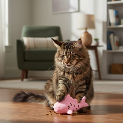 chat qui attrape ses croquettes grace au jeu pour chat