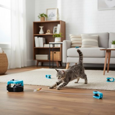 Chat qui chasse dans son jouet pour chat