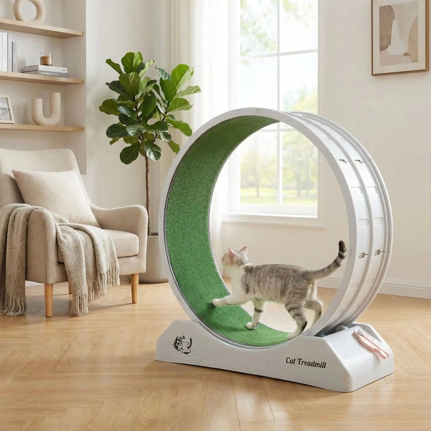 chat qui court sur sa nouvelle roue pour chat grise