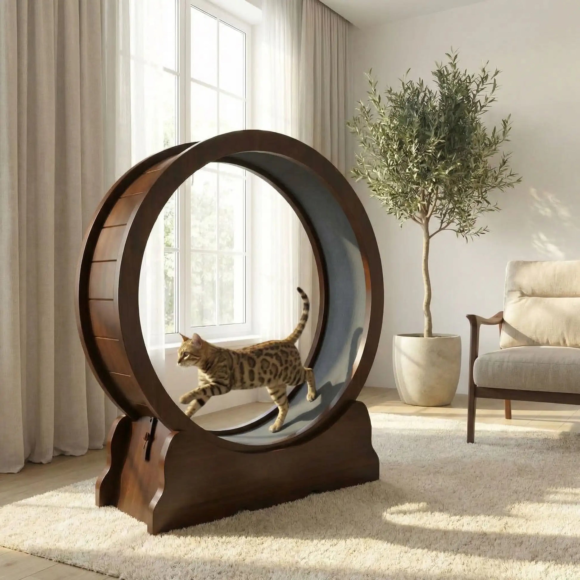 chat qui court sur sa roue pour chat en bois massif