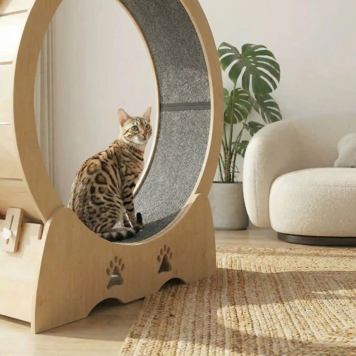 chat qui decouvre la roue a chat en bois dans son salon