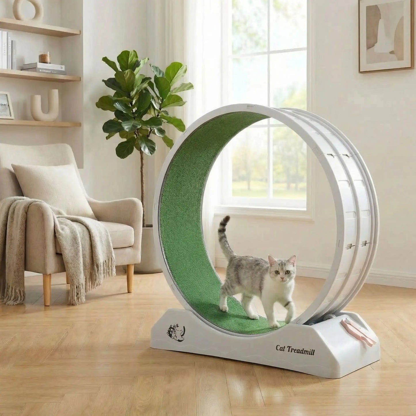 chat qui decouvre la roue pour chat dans sa maison