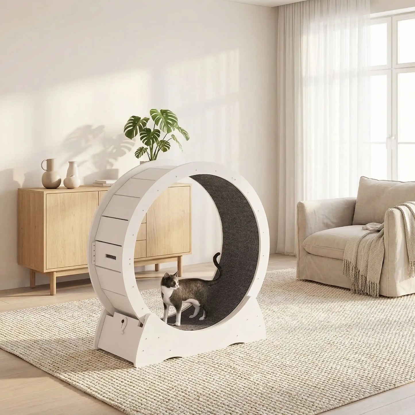 chat qui decouvre sa nouvelle roue pour chat blanche en bois