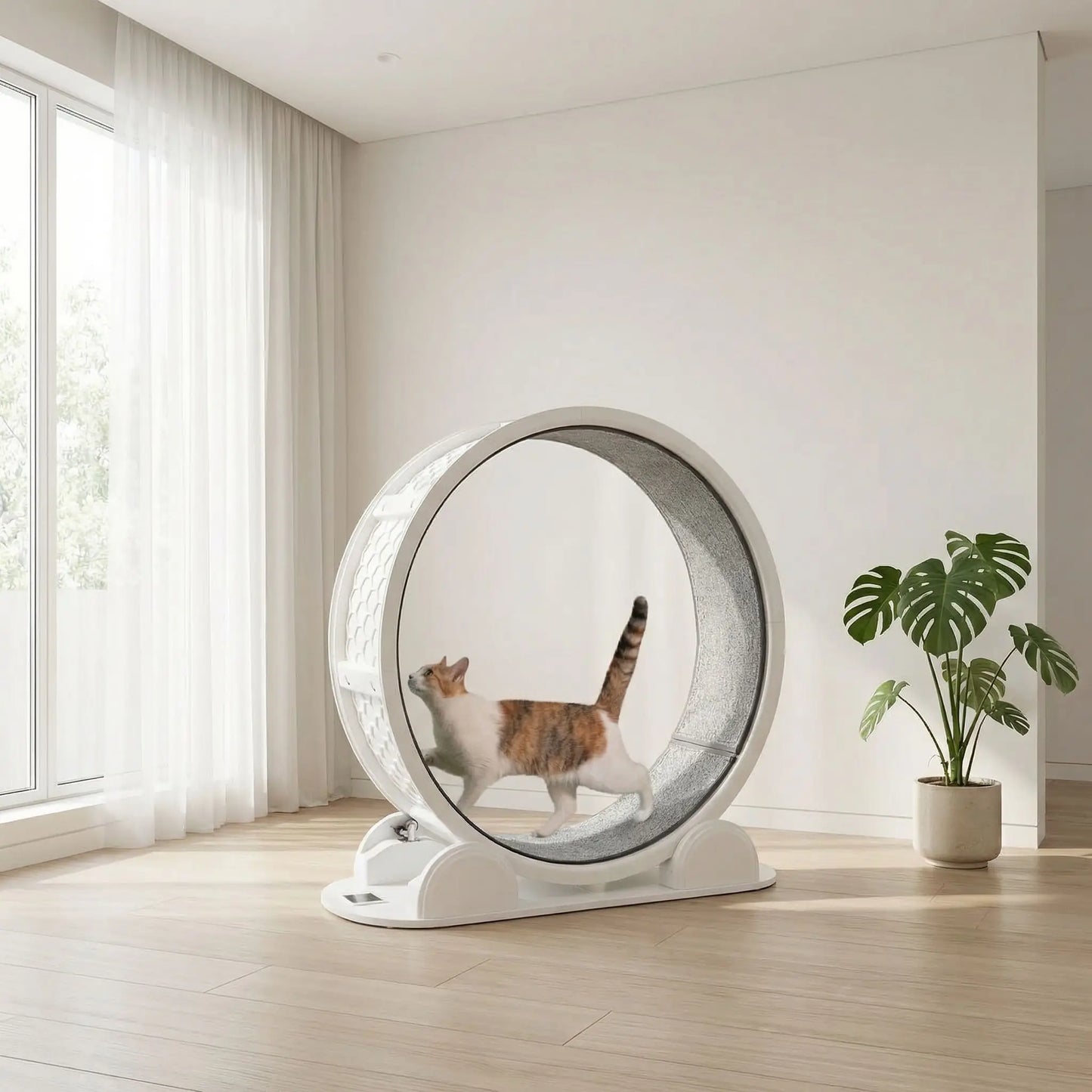 chat qui decouvre sa nouvelle roue pour chat blanche