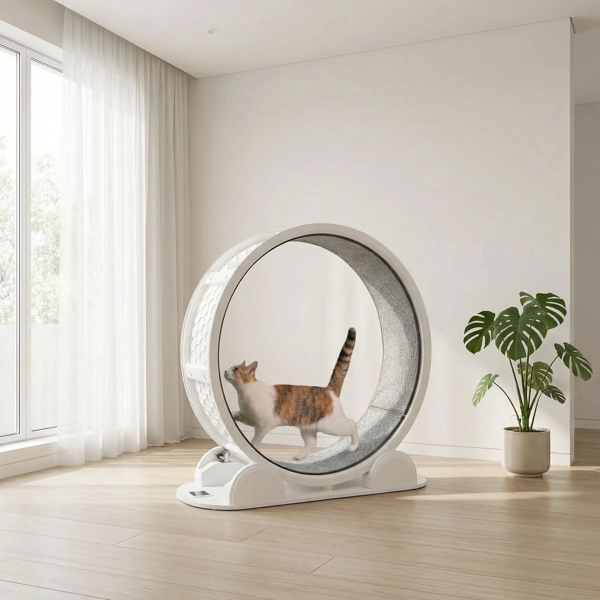 chat qui decouvre sa nouvelle roue pour chat blanche