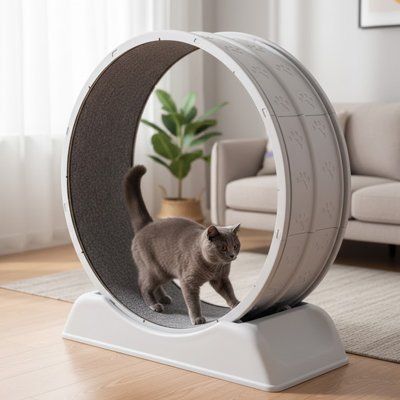 chat qui decouvre sa nouvelle roue pour chat