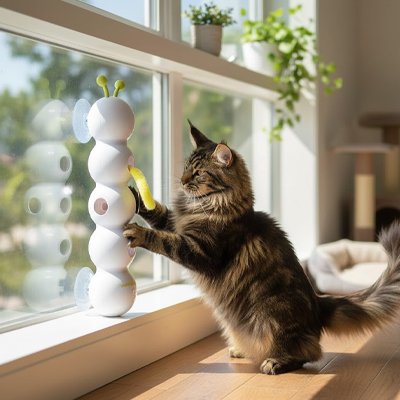 chat qui decouvre son nouveau jouet chat interactif fixe a la fenetre