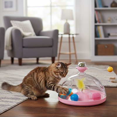 chat qui decouvre son nouveau jouet pour chat en forme de dome transparent