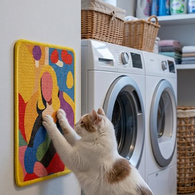 chat qui decouvre son nouveau tapis griffoir chat accroche verticalement