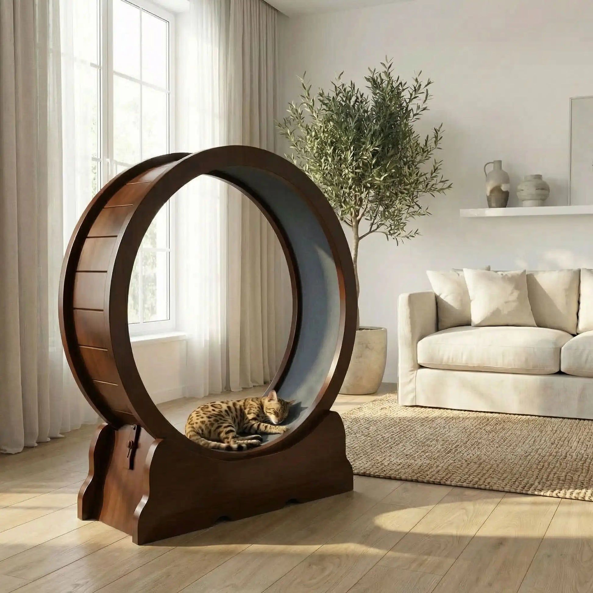 chat qui dort sur le tapis de sa roue pour chat