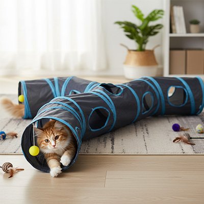 chat qui essaye d attraper la balle suspendue de son tunnel pour chat