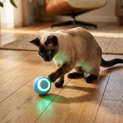 chat qui est captive par la lumiere de sa balle interactive chat