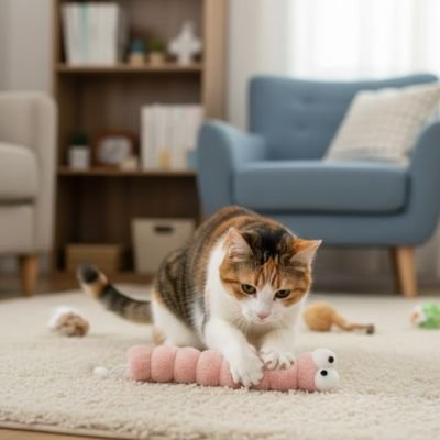 chat qui fait ses griffes sur son jouet pour chat chenille rose