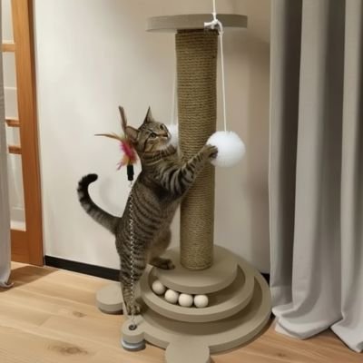 Chat qui fait ses griffes sur son nouveau griffoir pour chat