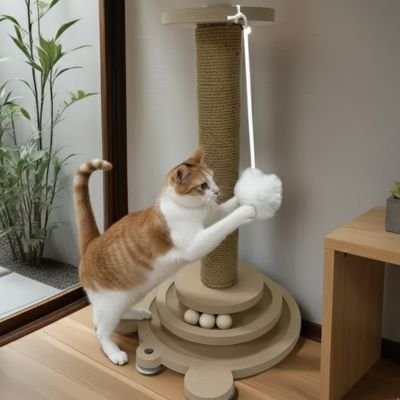 Chat qui joue avec la balle de son griffoir pour chat