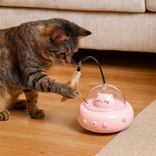 Chat qui joue avec la plume de son jouet pour chat interactif