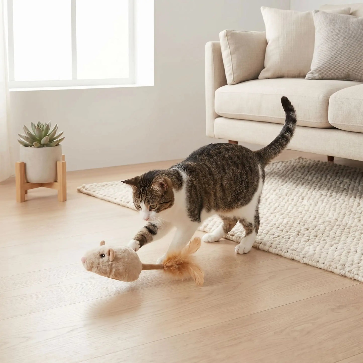 chat qui joue avec sa souris pour chat au salon