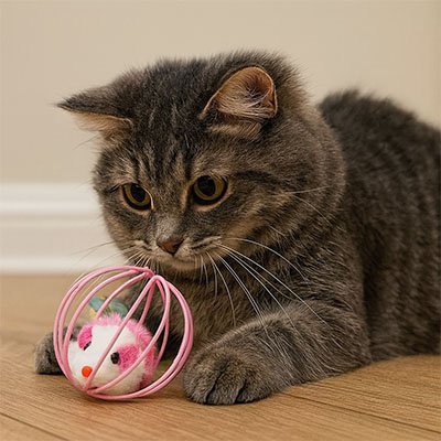 Chat qui joue avec son jouet pour chat balle