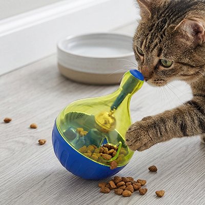 chat qui joue avec son nouveau jouet pour chat en essayant d attraper des croquettes