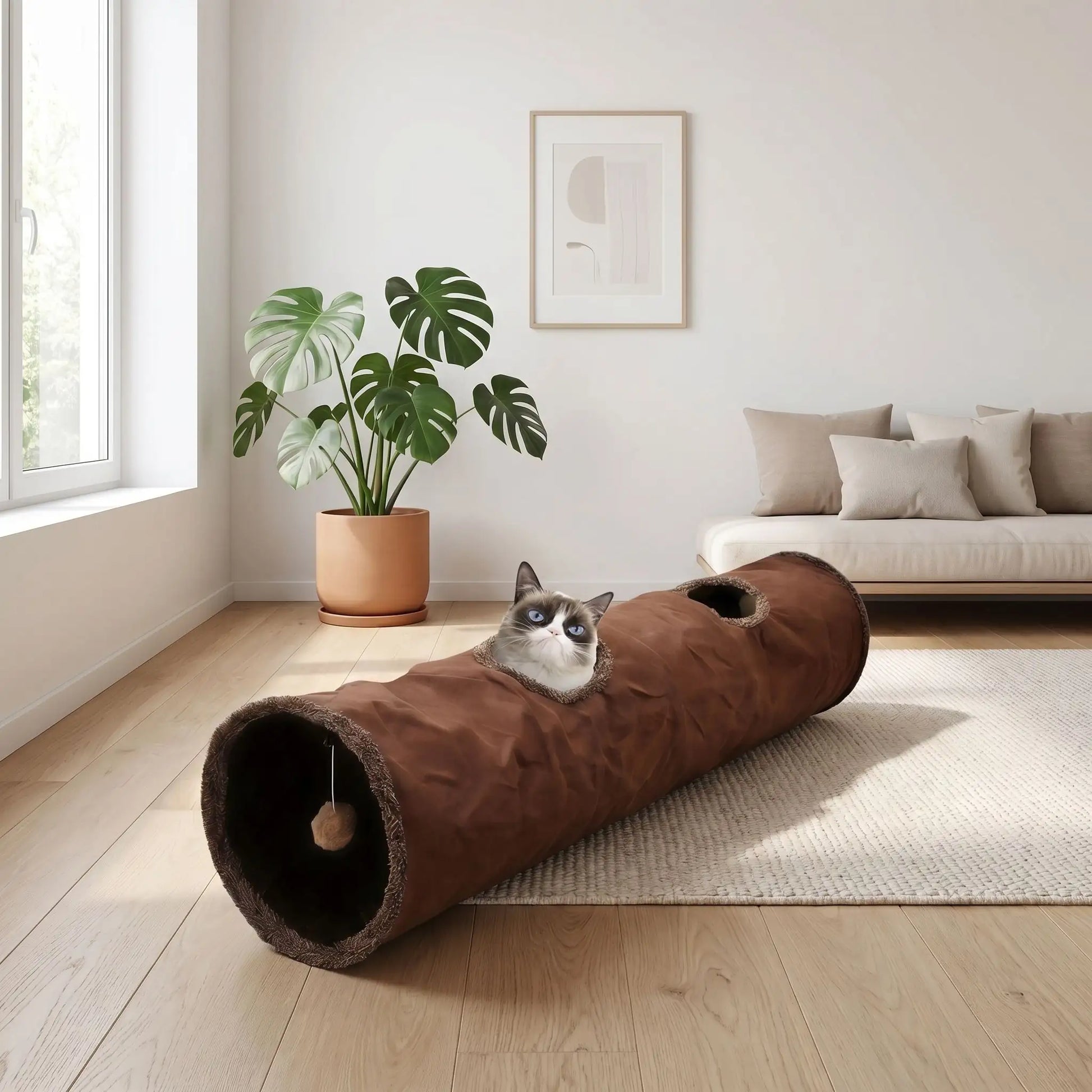 chat qui joue dans son nouveau tunnel chat au salon