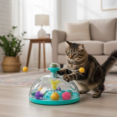 chat qui joue seul dans son salon grace au jouet pour chat turquoise