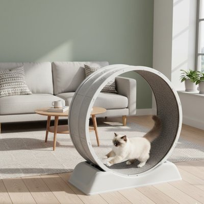 chat qui joue sur sa nouvelle roue pour chat grise