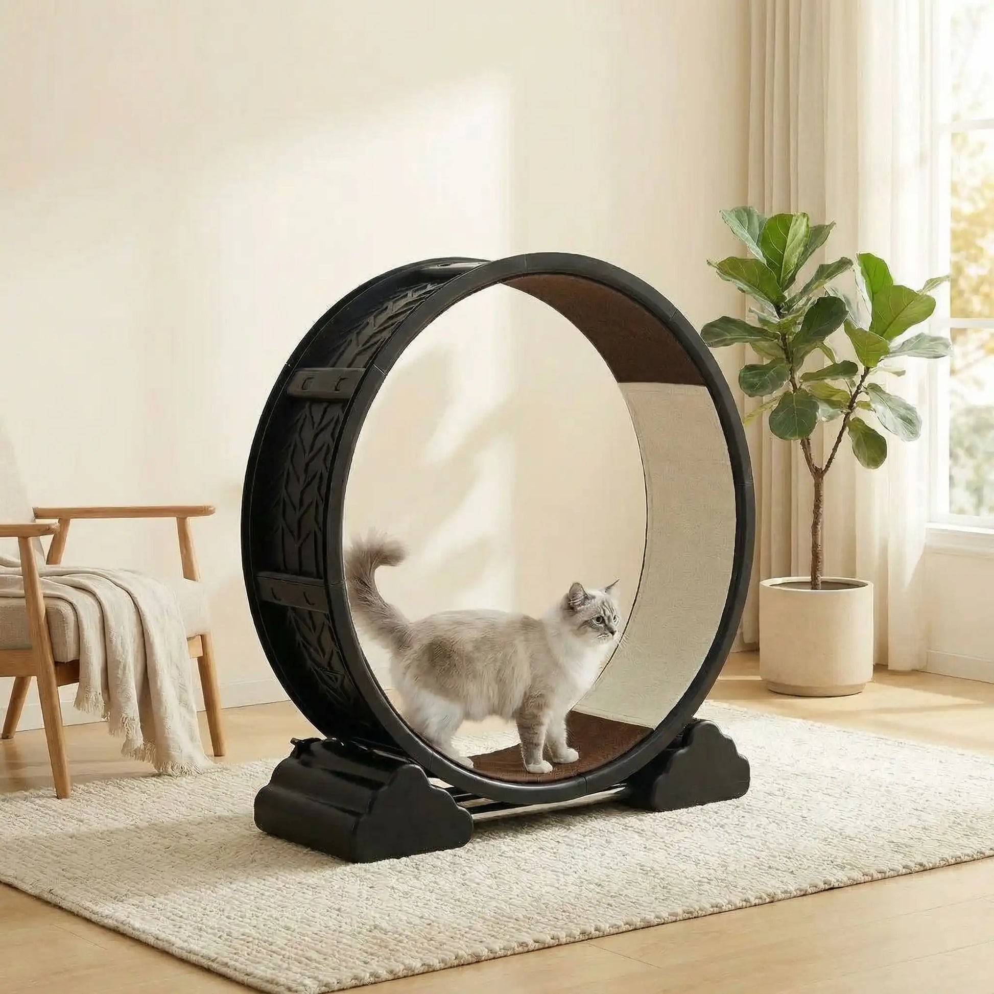 chat qui marche sur le tapis de sa roue pour chat noire