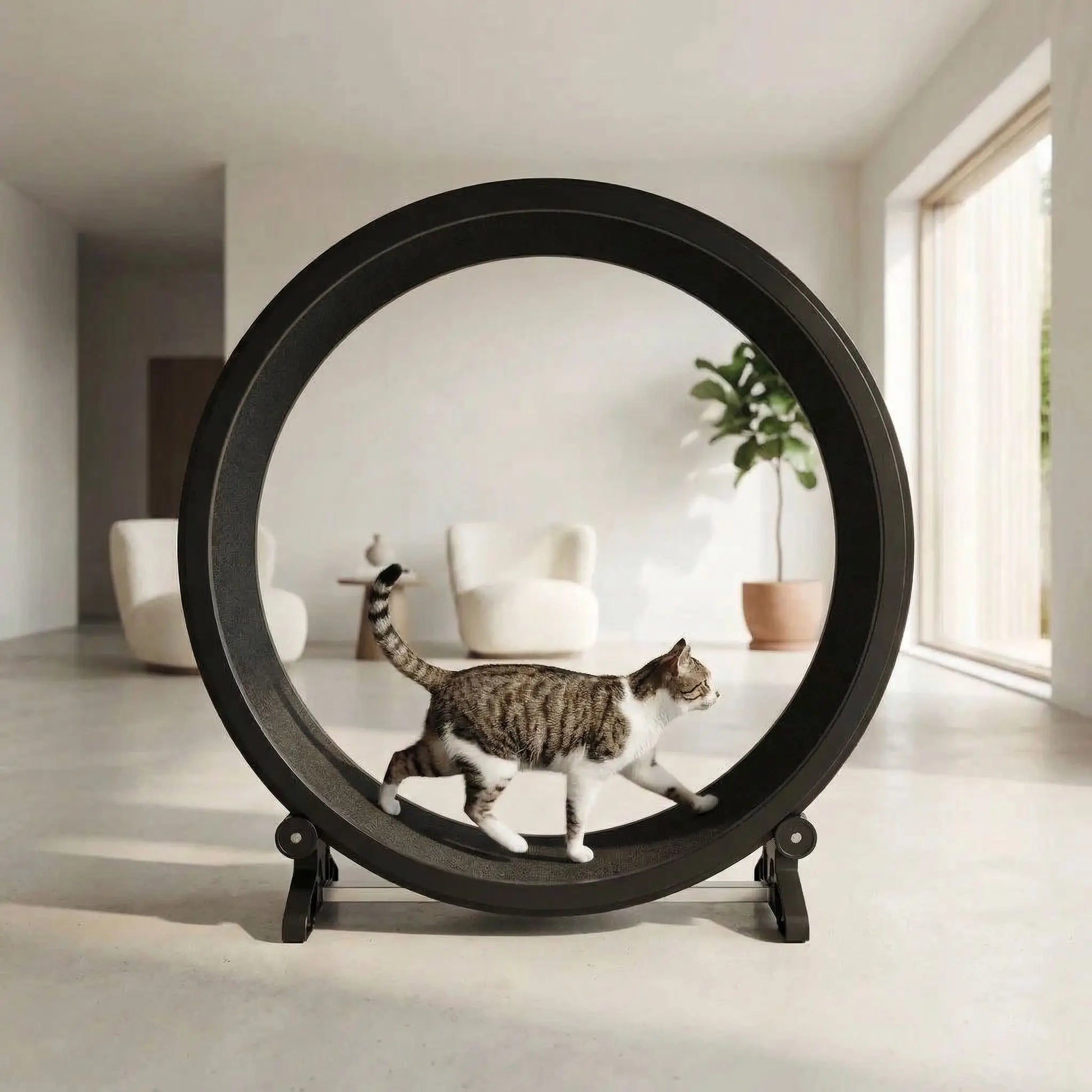 chat qui marche sur sa nouvelle roue chat noir