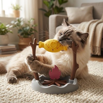 chat qui mord le poisson jaune de son jouet pour chat