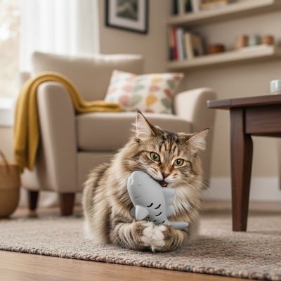 chat qui mord son jeu pour chat en forme de poisson gris