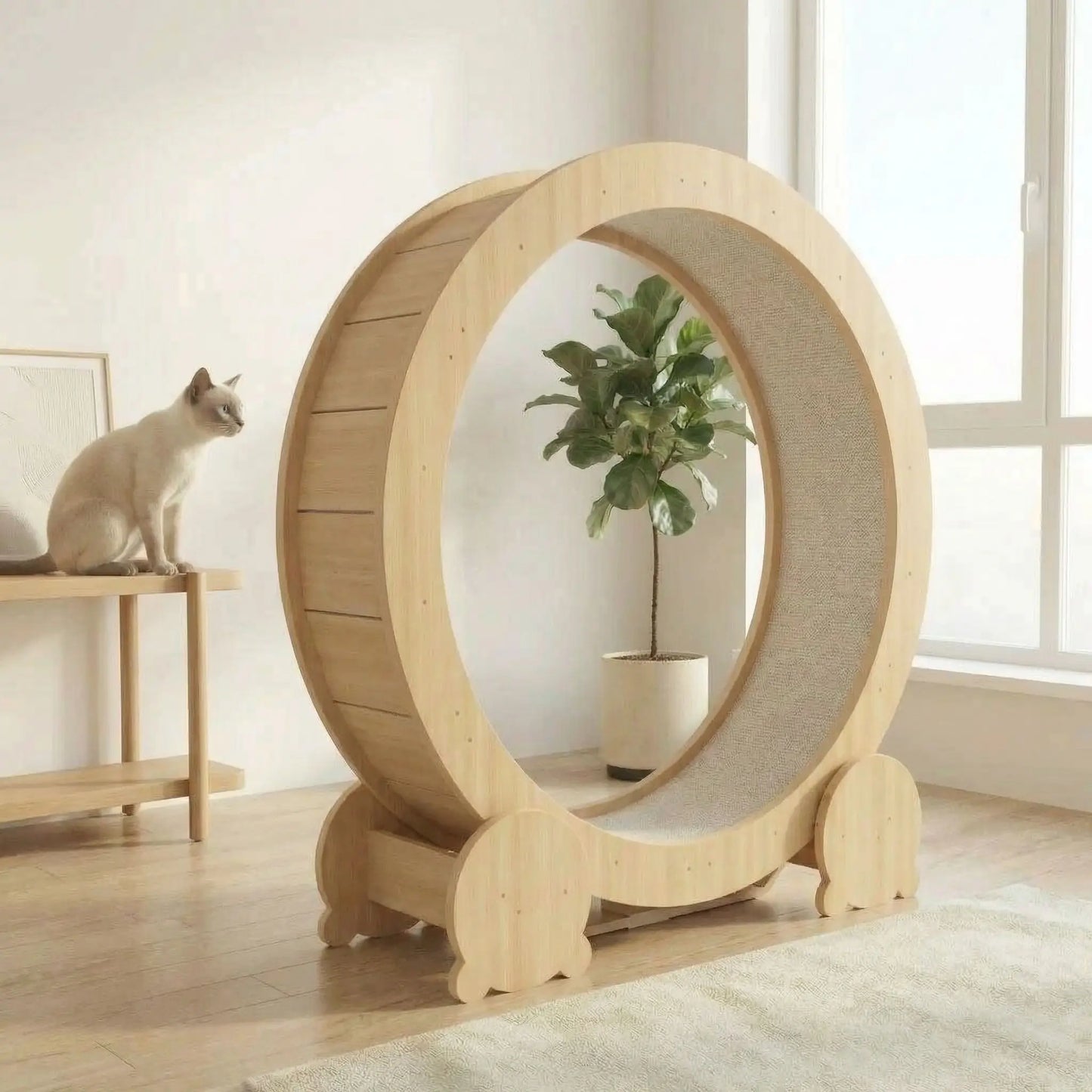 chat qui observe la roue chat en bois installee dans son interieur