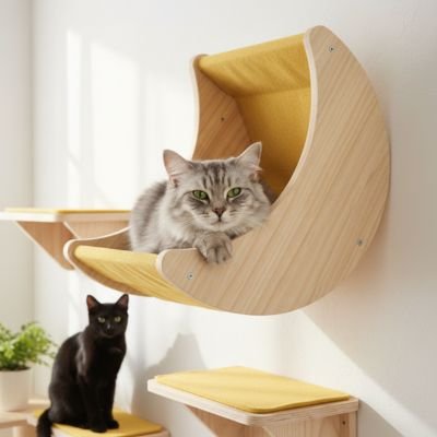 chat qui observe on territoire depuis son arbre a chat mural en bois