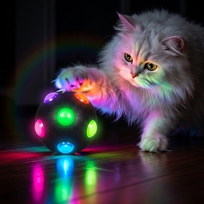chat qui pose sa patte sur sa balle pour chat a led noire