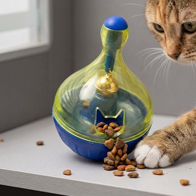 chat qui prend ses croquettes tranquillement grace au jouet pour chat