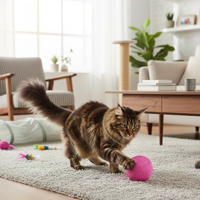 chat qui s amuse seul chez lui grace a a la balle chat