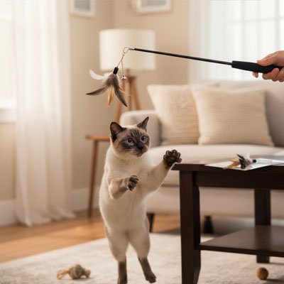chat qui saute pour attraper les plumes de son jeu pour chat