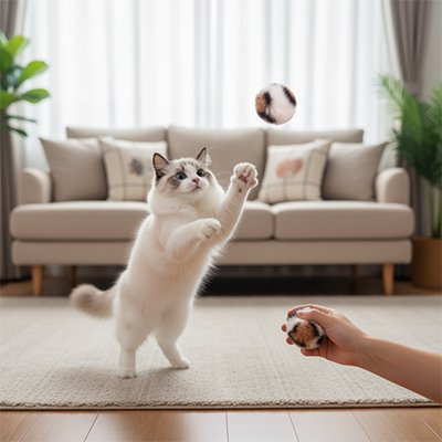 chat qui saute pour attraper sa balle pour chat a poils