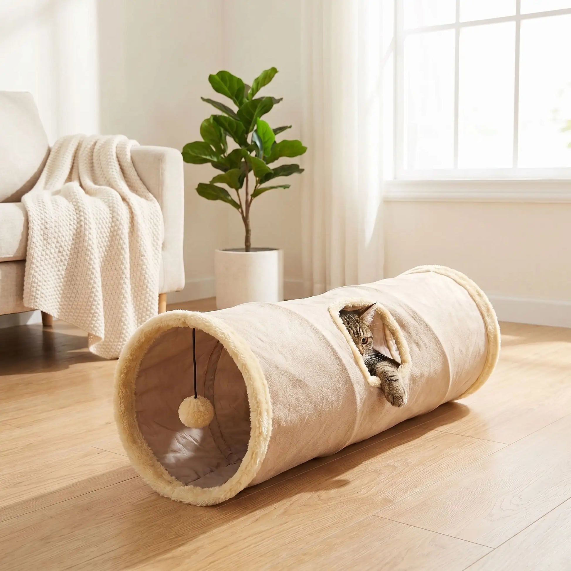 chat qui se cache dans son tunnel chat beige douillet