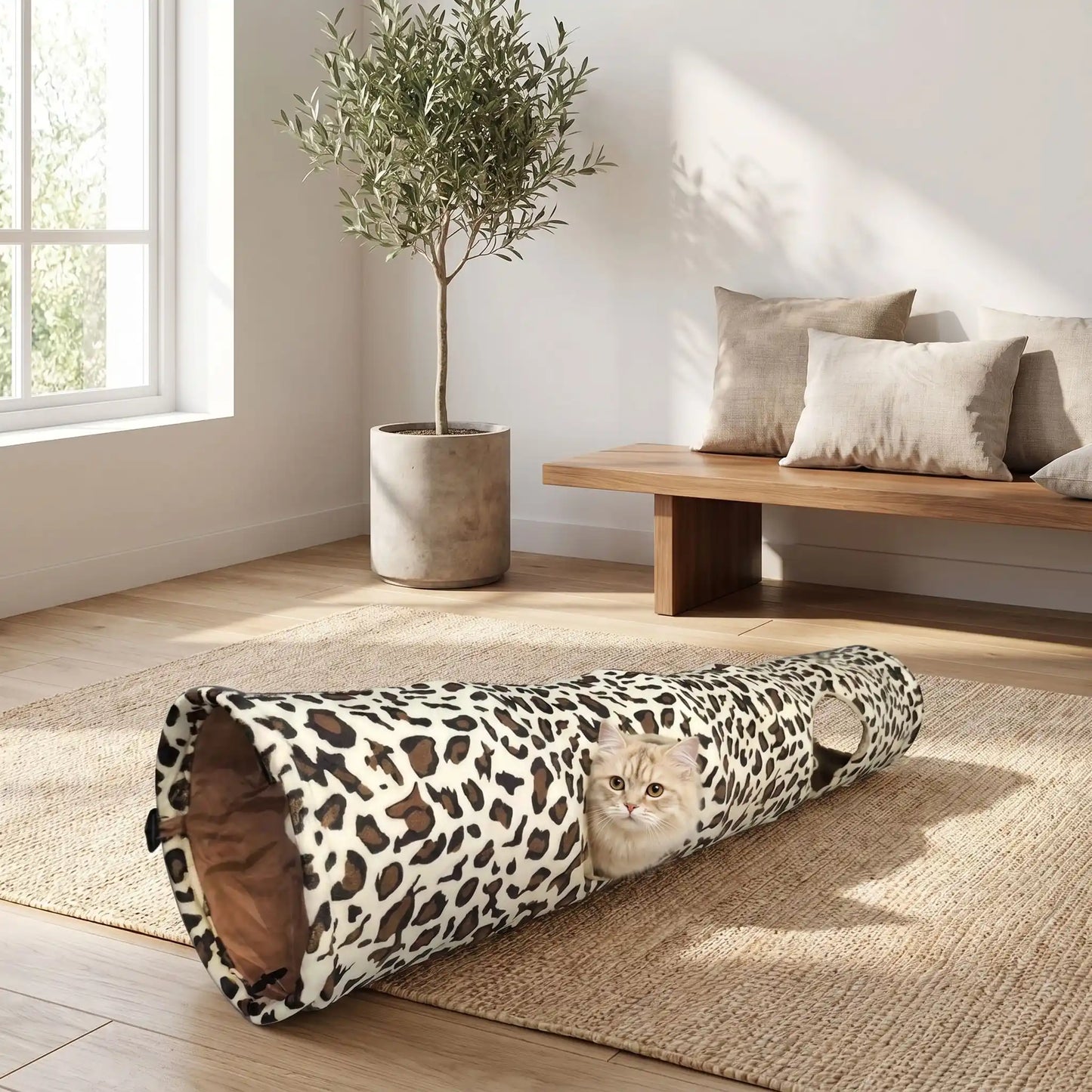 chat qui sort sa tete par l ouverture laterale de son tunnel pour chat