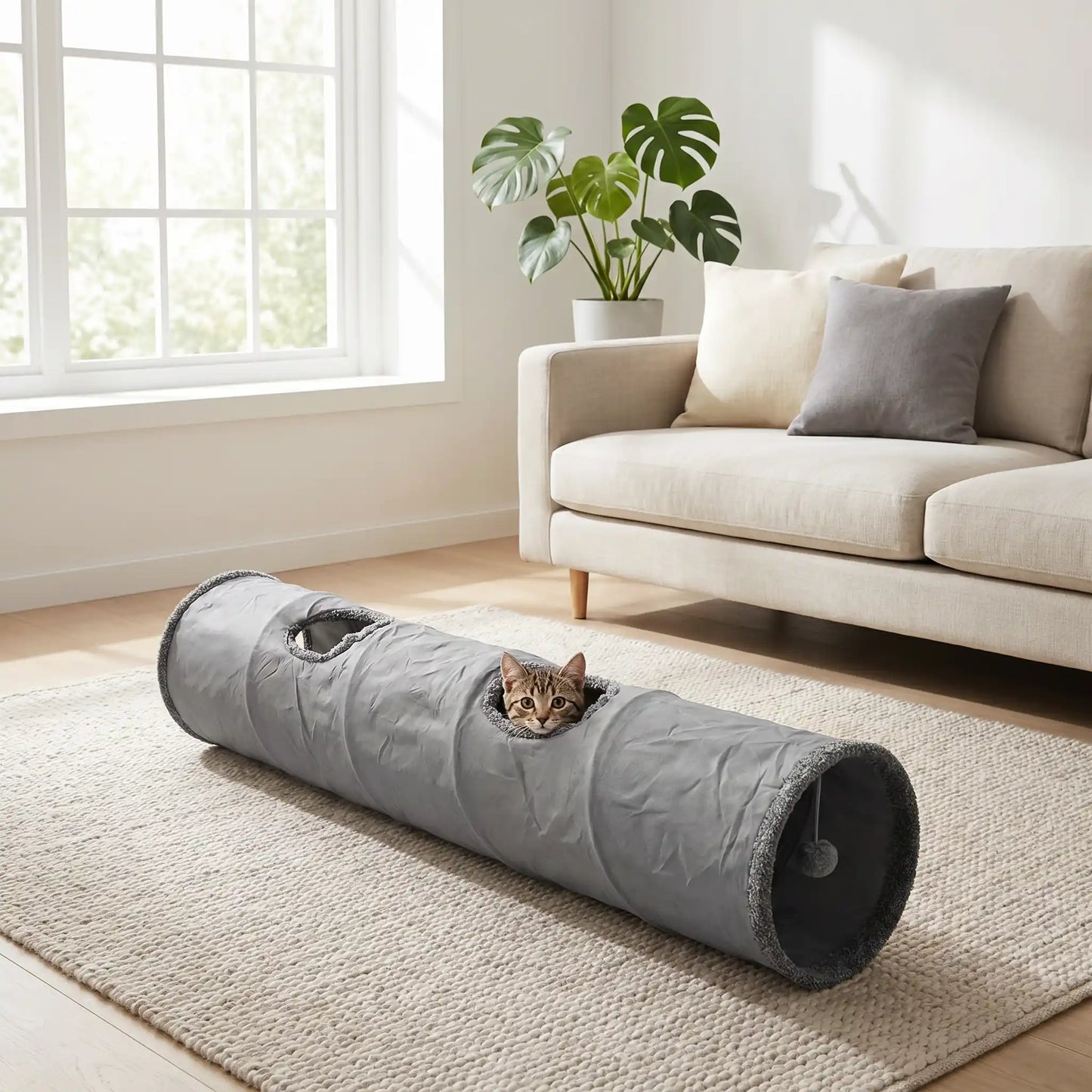 chat qui sort sa tete par le trou de son tunnel chat gris