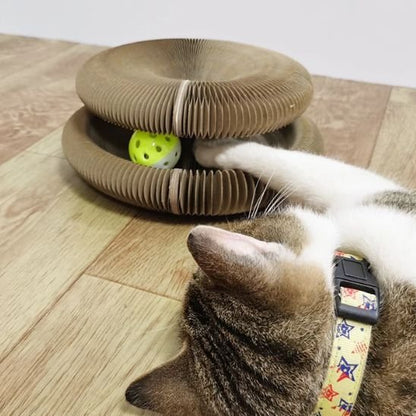 Chat qui tend la pate vers la balle de son griffoir pour chat