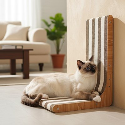 Chat repose sur son griffoir chat raye