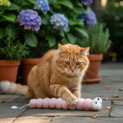 chat roux dehors avec son jouet pour chat rose