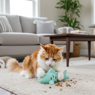 chat roux qui decouvre son nouveau jeu pour chat en forme de poisson