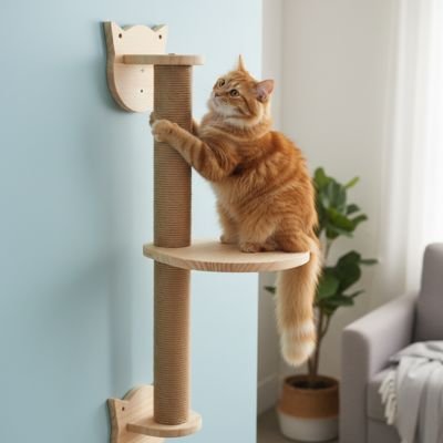 chat roux qui decouvre son nouvel arbre a chat en bois massif