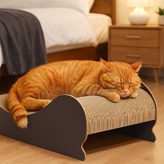 Chat roux qui dort dans la chambre grace a son griffoir chat