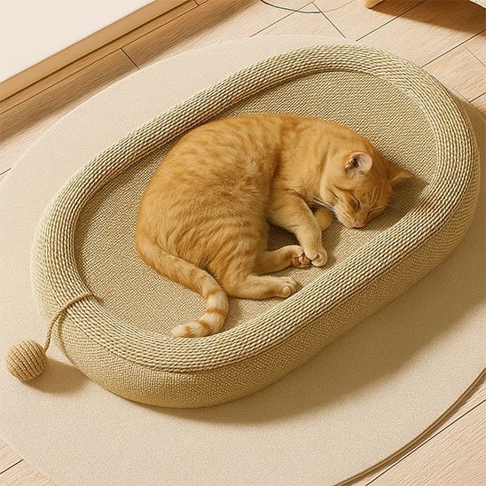 Chat roux qui dort sur son griffoir pour chat