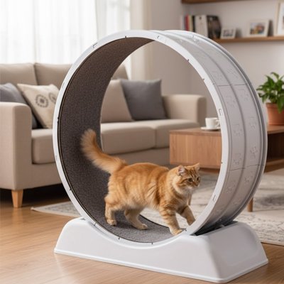 chat roux qui fait des exercices grace a sa nouvelle roue pour chat