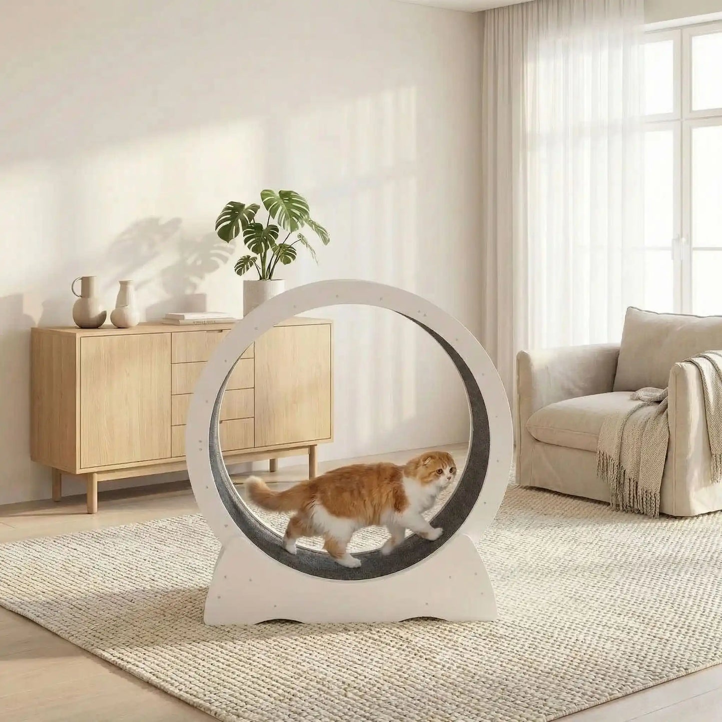 chat roux qui fait son sport grace a la roue pour chat
