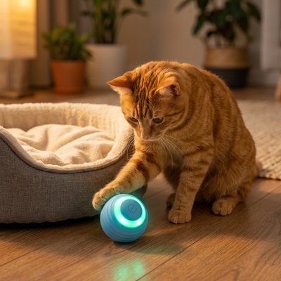 chat roux qui joue avec sa balle interactive bleue